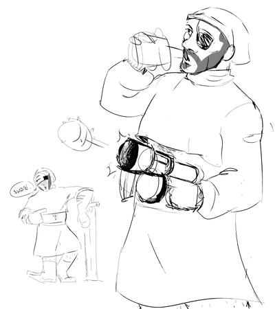 sketches of demoman from team fortress 2 in a crop top and a skirt